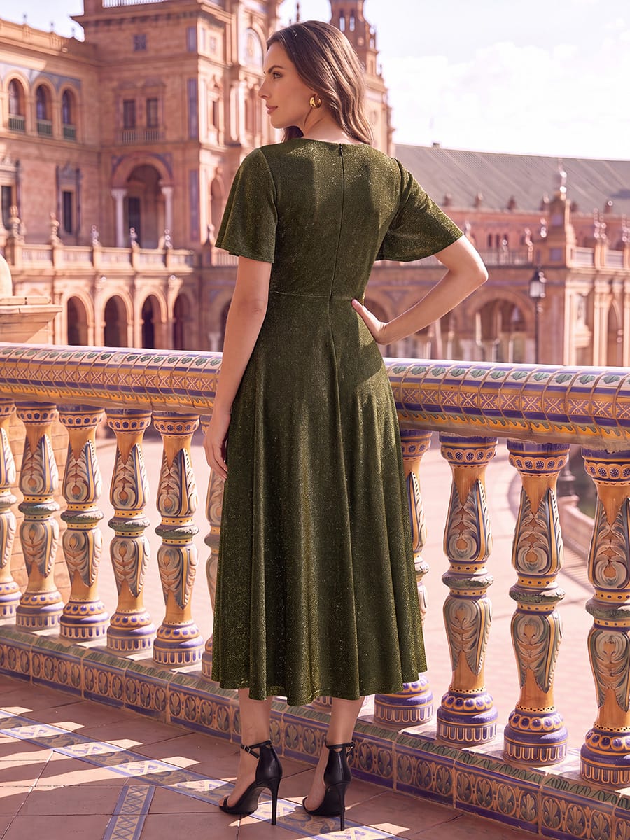 Knit Fitted Sleeve A-line Dress #color_Metallic Gold