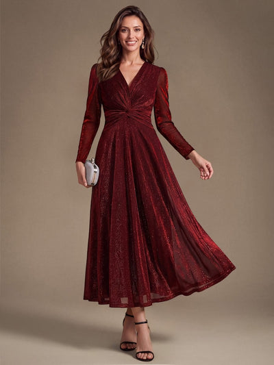 Shimmer Lurex Mesh A Line Long Sleeve Tea Length Dress