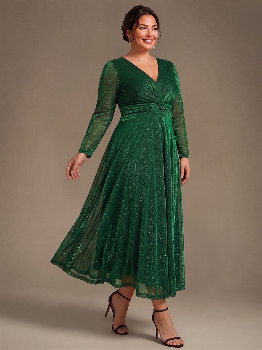 Knotted Knit Fitted Sleeve Dress #color_Dark Green