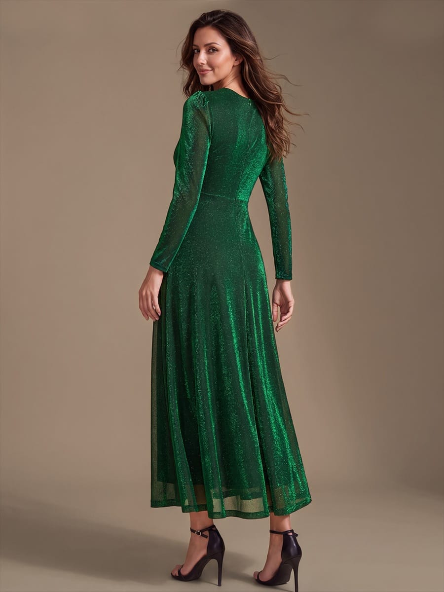 Knotted Knit Fitted Sleeve Dress #color_Dark Green
