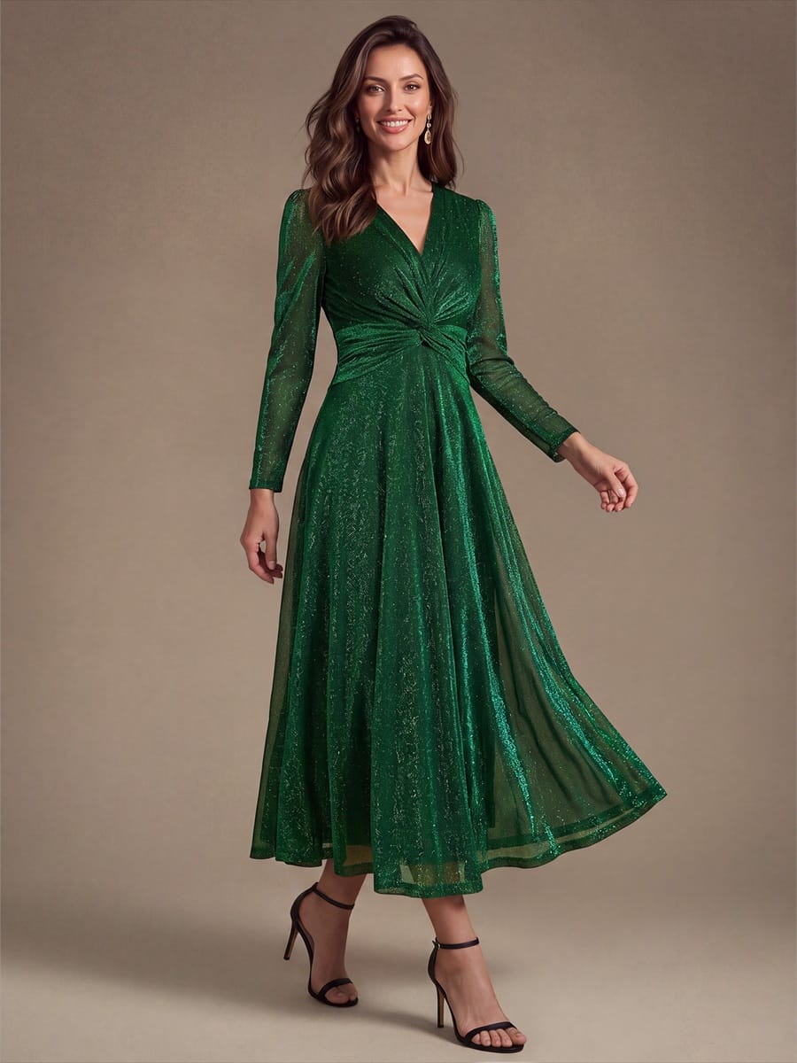 Knotted Knit Fitted Sleeve Dress #color_Dark Green