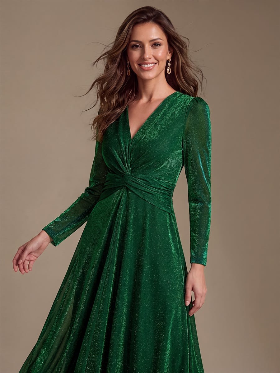 Knotted Knit Fitted Sleeve Dress #color_Dark Green