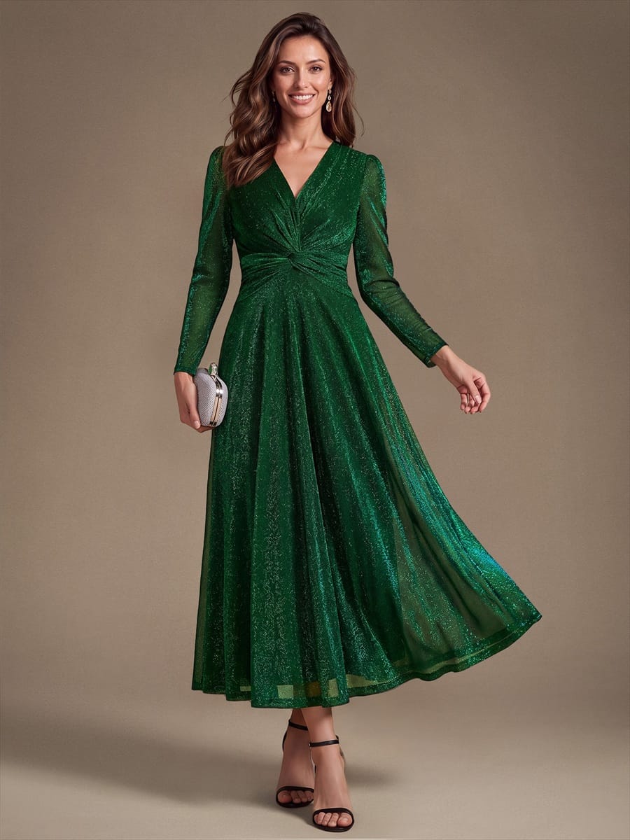 Knotted Knit Fitted Sleeve Dress #color_Dark Green