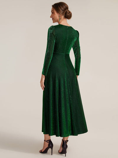 Shimmer Lurex Mesh A Line Long Sleeve Tea Length Dress