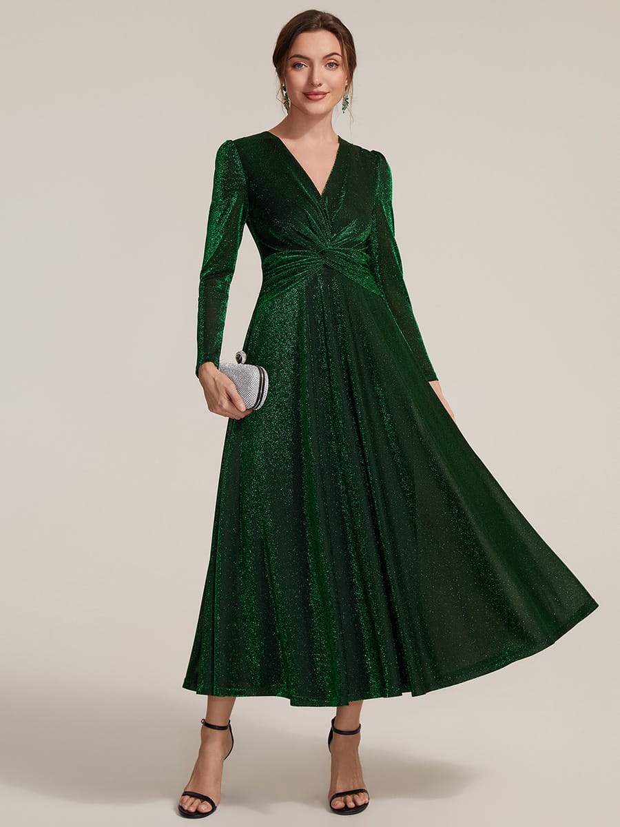Knotted Knit Fitted Sleeve Dress #color_Dark Green