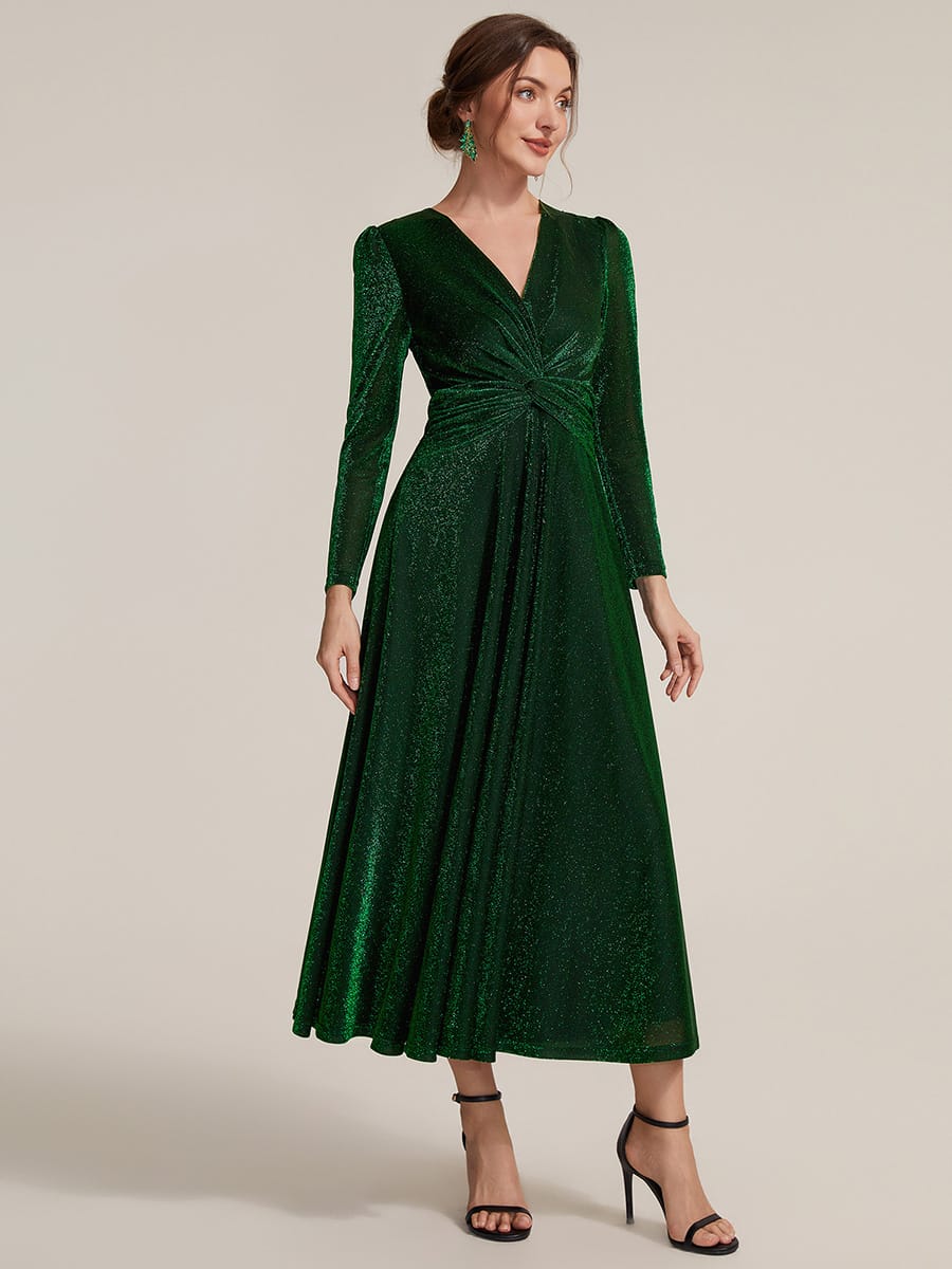 Knotted Knit Fitted Sleeve Dress #color_Dark Green