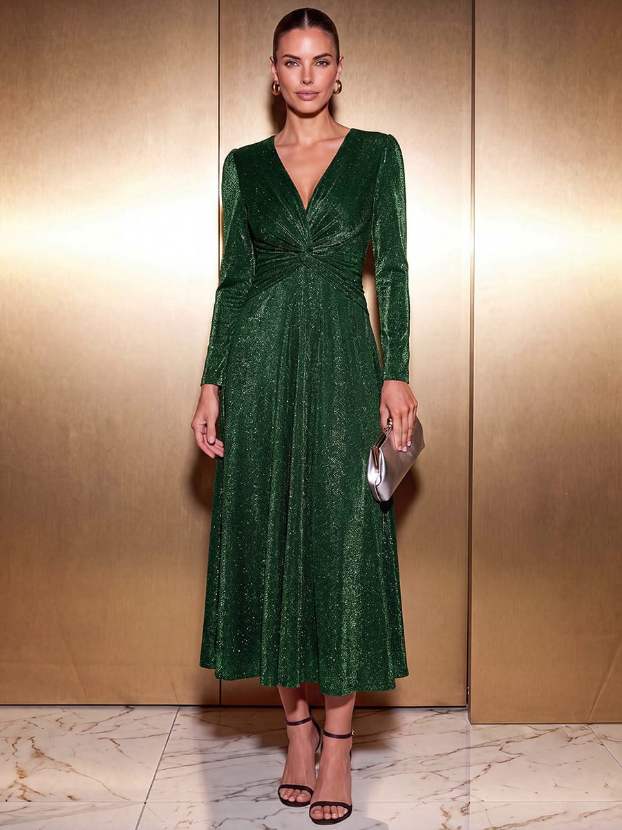 Knotted Knit Fitted Sleeve Dress #color_Dark Green