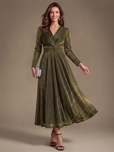 Shimmer Lurex Mesh A Line Long Sleeve Tea Length Dress