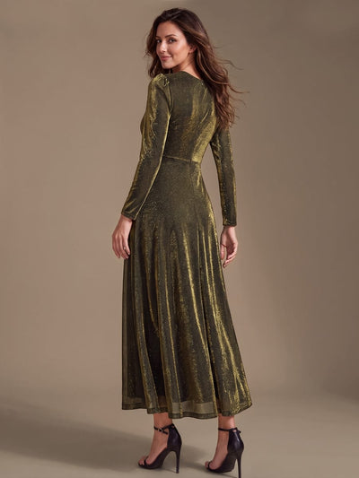 Knotted Knit Fitted Sleeve Dress #color_Metallic Gold