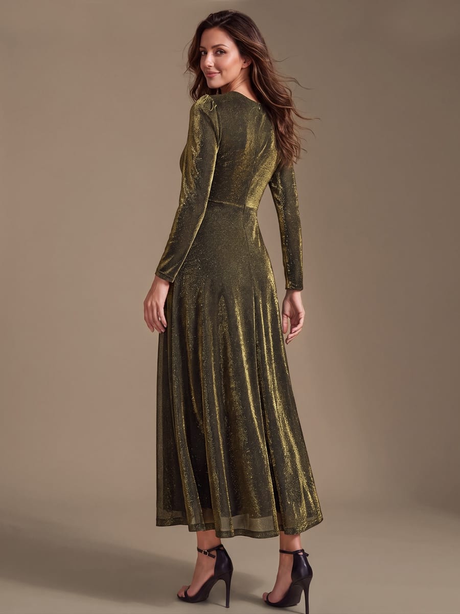 Knotted Knit Fitted Sleeve Dress #color_Metallic Gold