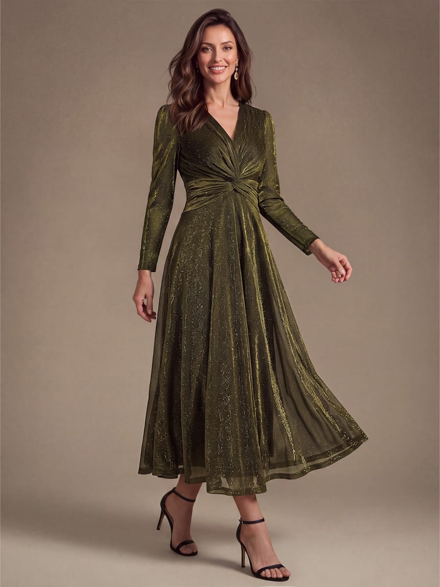 Knotted Knit Fitted Sleeve Dress #color_Metallic Gold