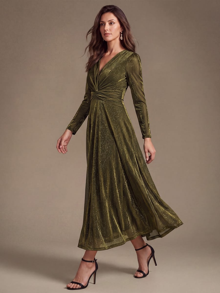 Knotted Knit Fitted Sleeve Dress #color_Metallic Gold