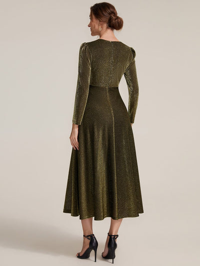 Knotted Knit Fitted Sleeve Dress #color_Metallic Gold