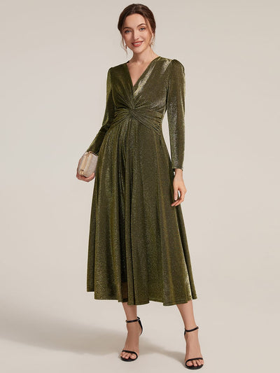 Shimmer Lurex Mesh A Line Long Sleeve Tea Length Dress