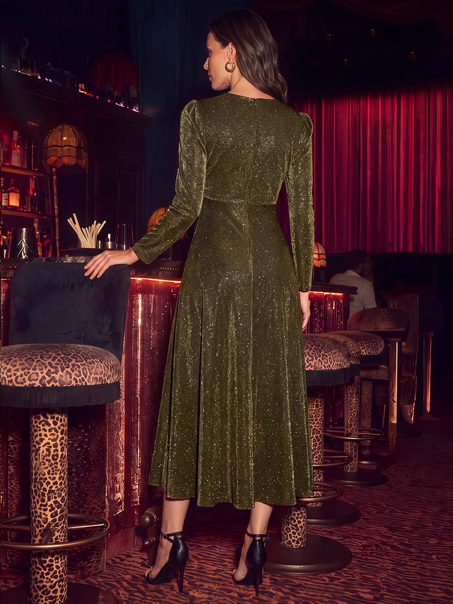 Knotted Knit Fitted Sleeve Dress #color_Metallic Gold