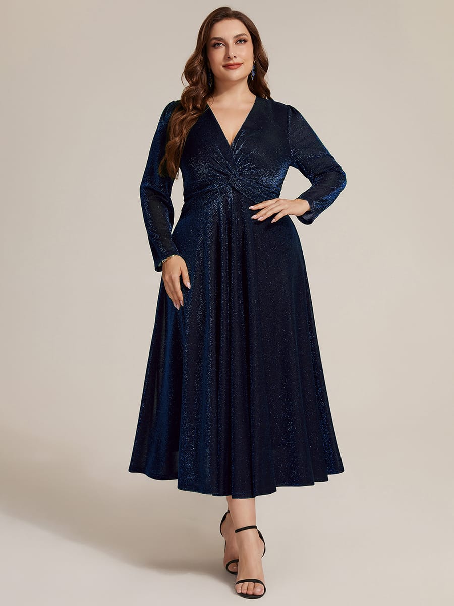 Knotted Knit Fitted Sleeve Dress #color_Navy Blue