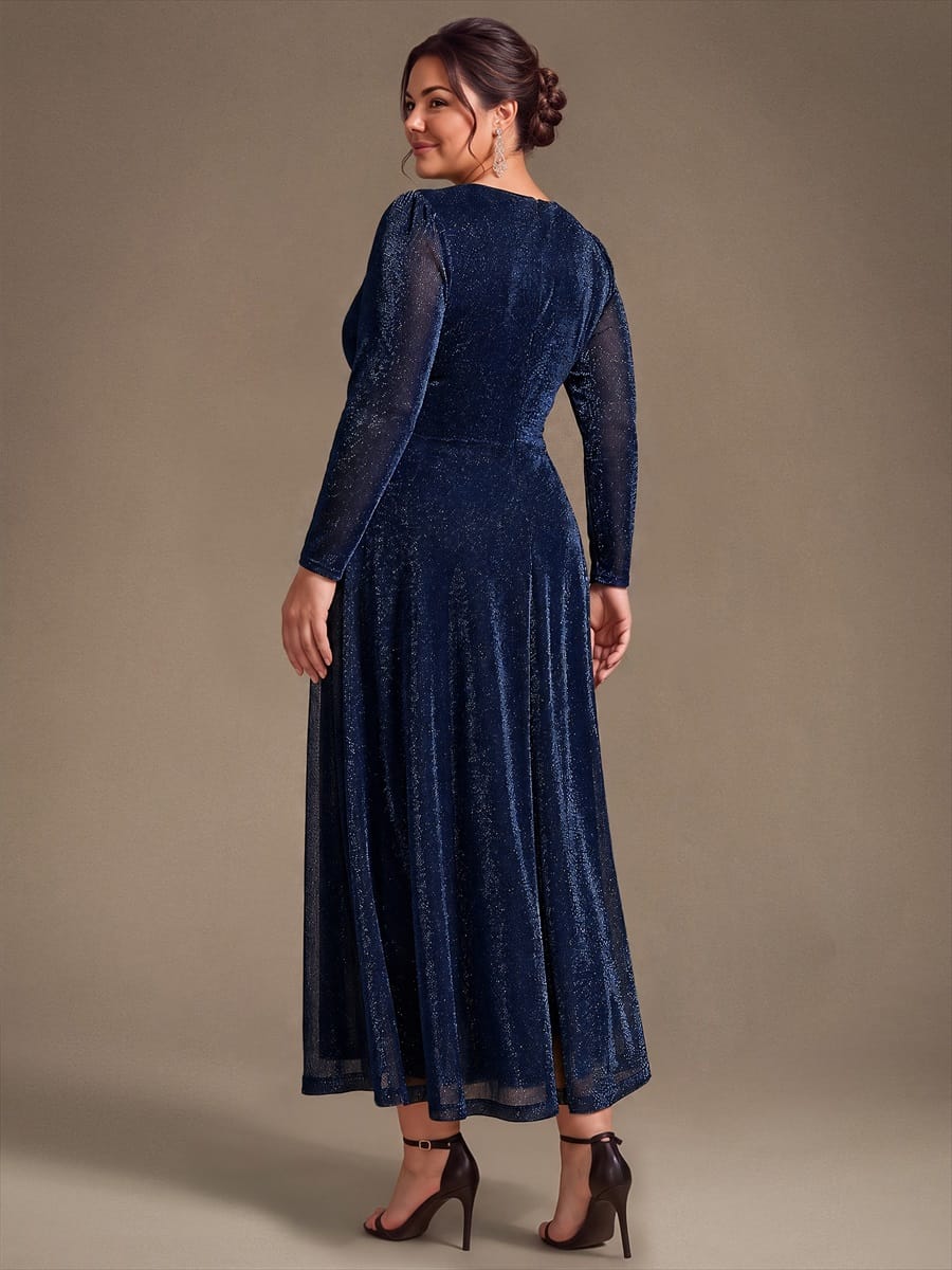 Knotted Knit Fitted Sleeve Dress #color_Navy Blue