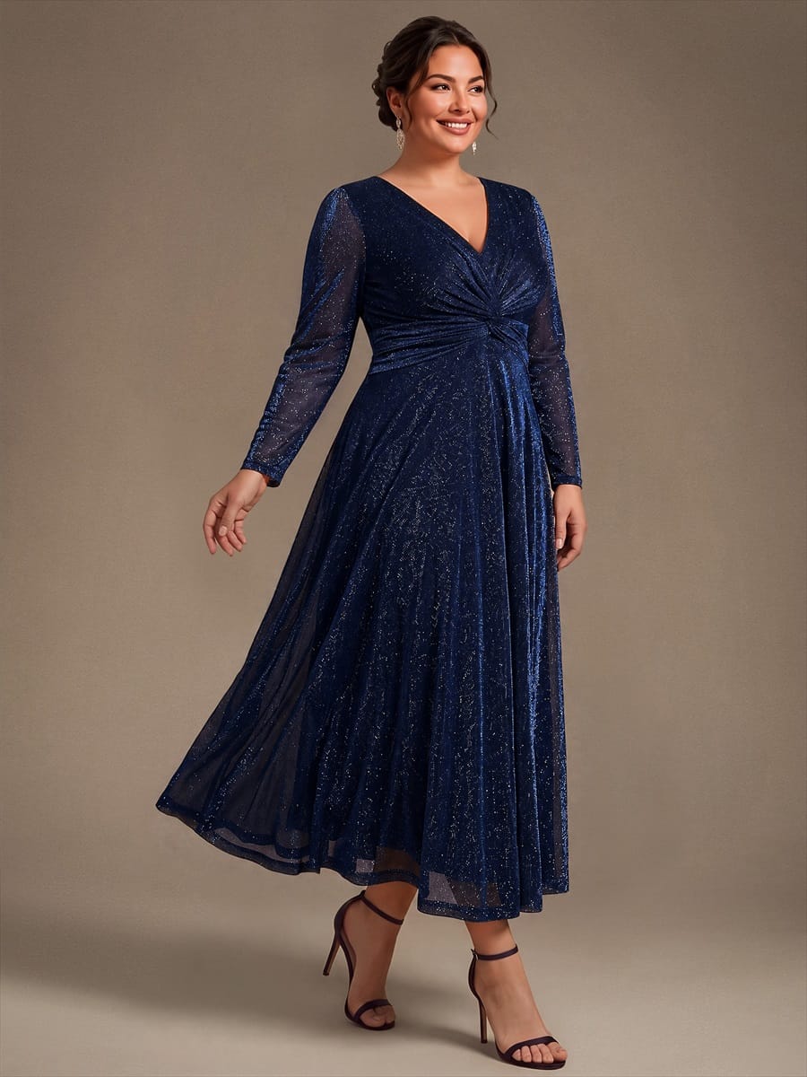 Knotted Knit Fitted Sleeve Dress #color_Navy Blue