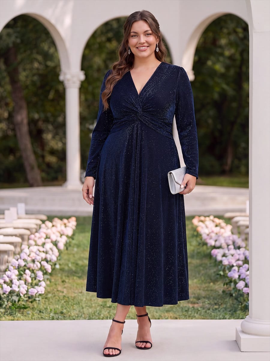 Knotted Knit Fitted Sleeve Dress #color_Navy Blue