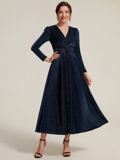 Shimmer Lurex Mesh A Line Long Sleeve Tea Length Dress