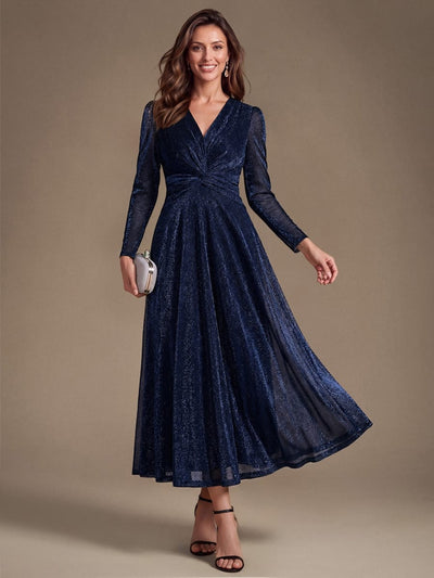 Shimmer Lurex Mesh A Line Long Sleeve Tea Length Dress