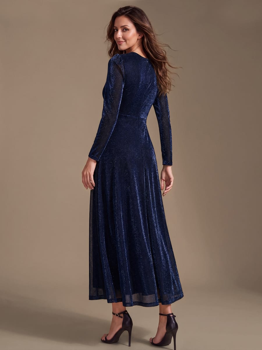 Knotted Knit Fitted Sleeve Dress #color_Navy Blue