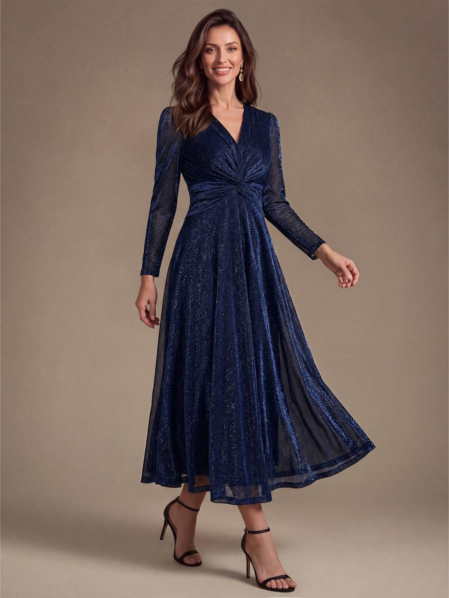 Knotted Knit Fitted Sleeve Dress #color_Navy Blue