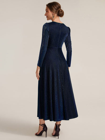 Shimmer Lurex Mesh A Line Long Sleeve Tea Length Dress