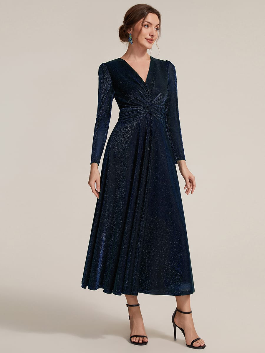 Knotted Knit Fitted Sleeve Dress #color_Navy Blue