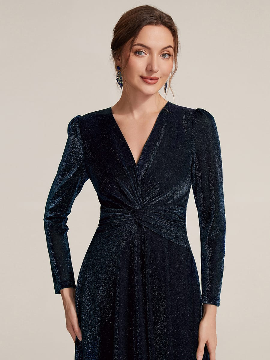 Knotted Knit Fitted Sleeve Dress #color_Navy Blue