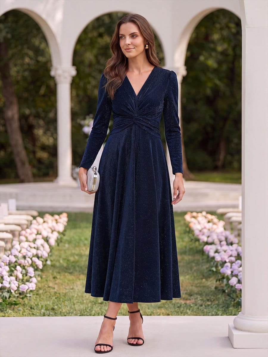 Knotted Knit Fitted Sleeve Dress #color_Navy Blue