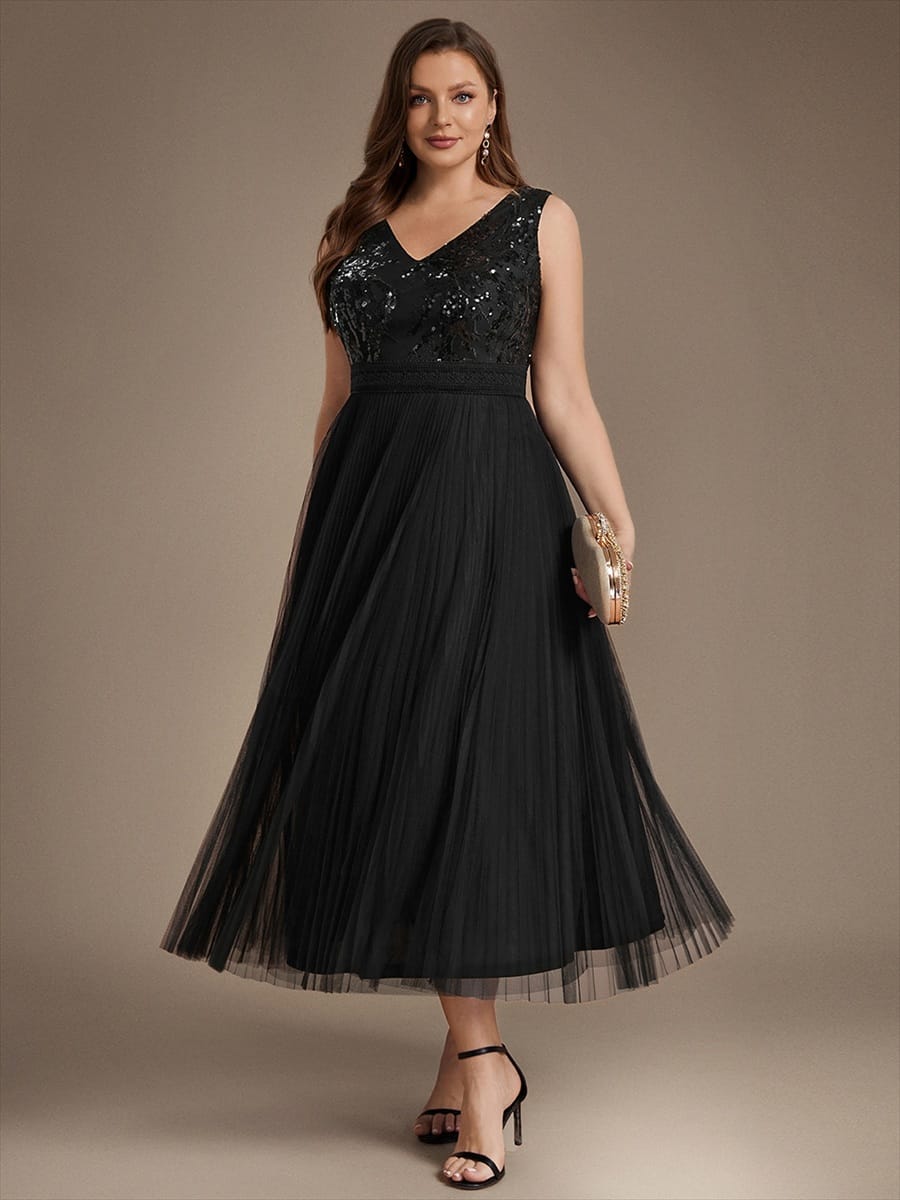 Sequin Tulle Sleeveless Dress #color_Black