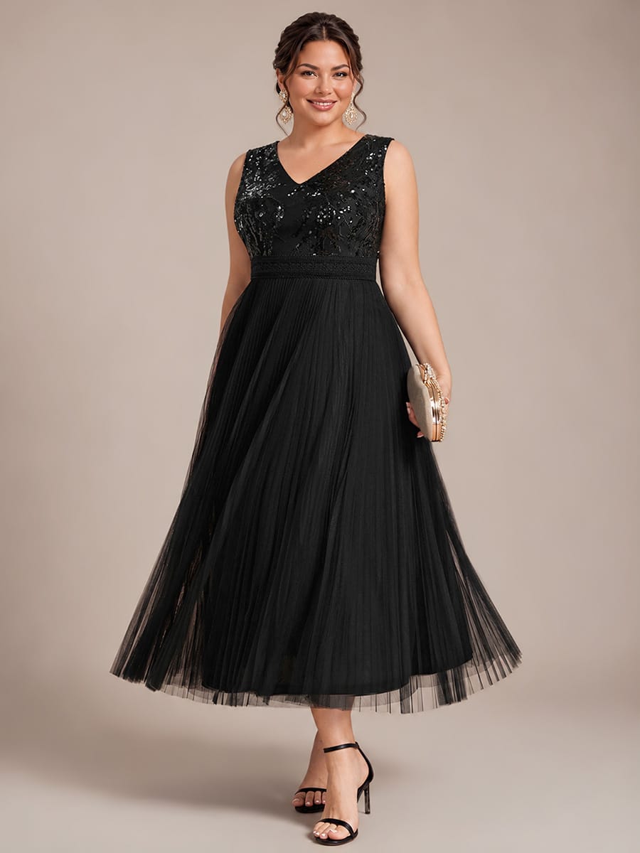 Sequin Tulle Sleeveless Dress #color_Black