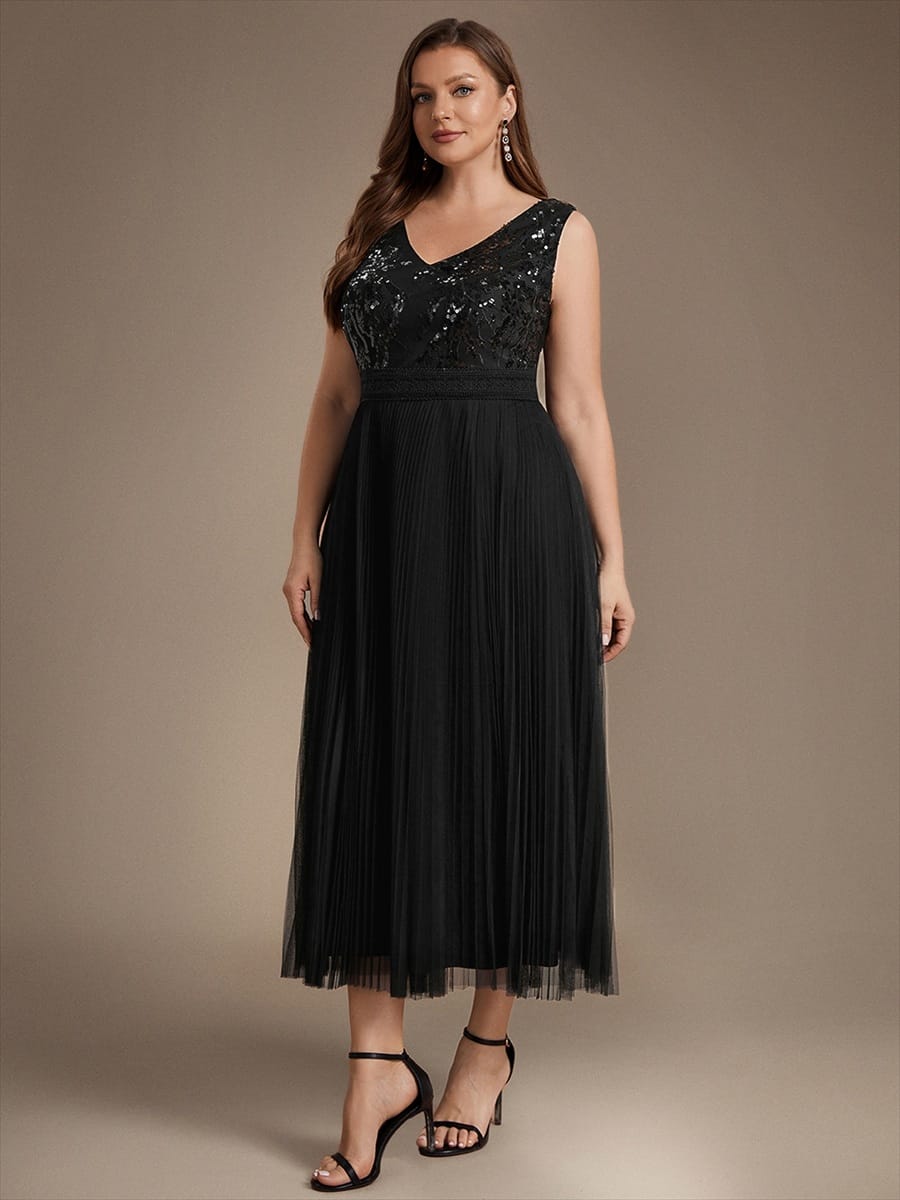 Sequin Tulle Sleeveless Dress #color_Black