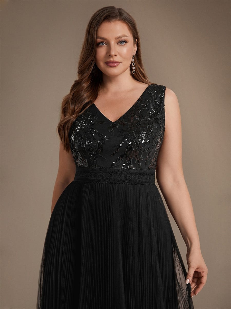 Sequin Tulle Sleeveless Dress #color_Black