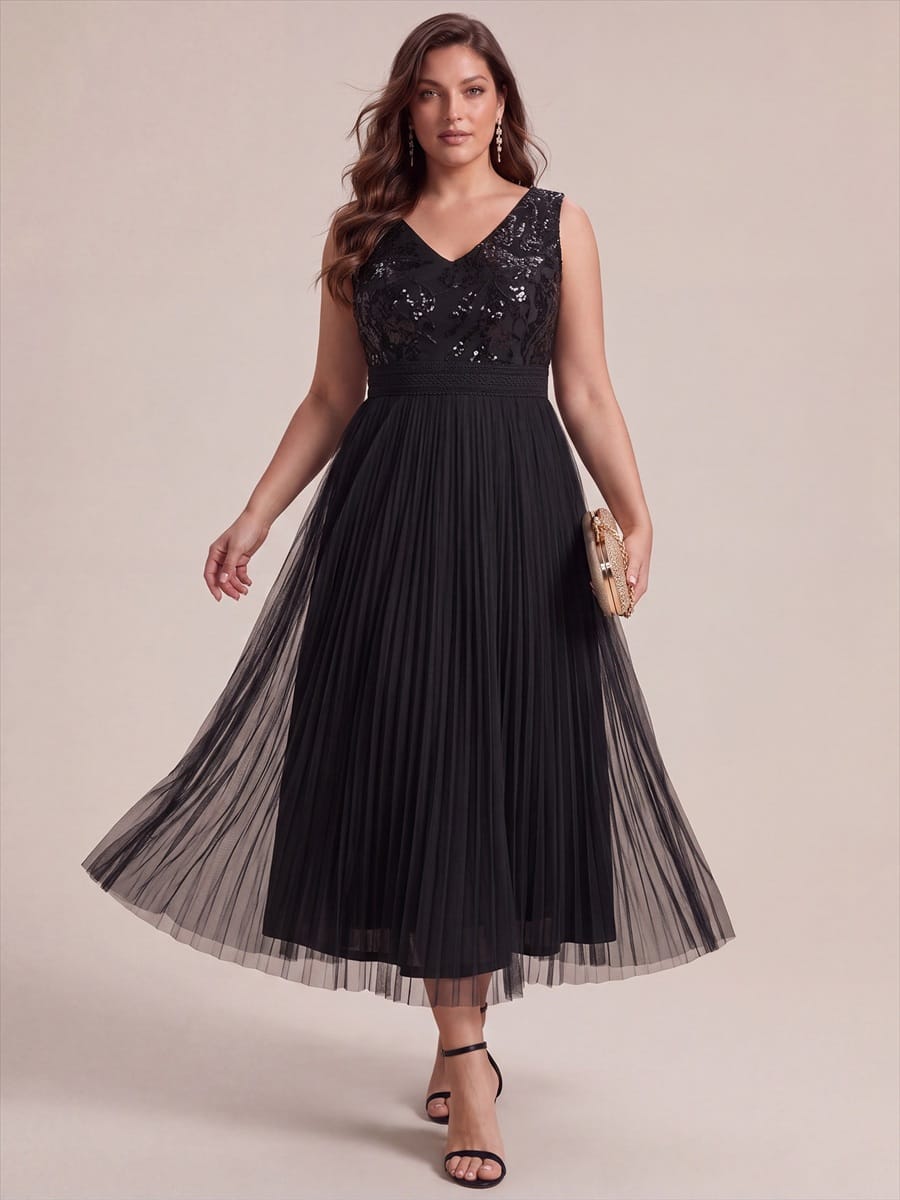 Sequin Tulle Sleeveless Dress #color_Black
