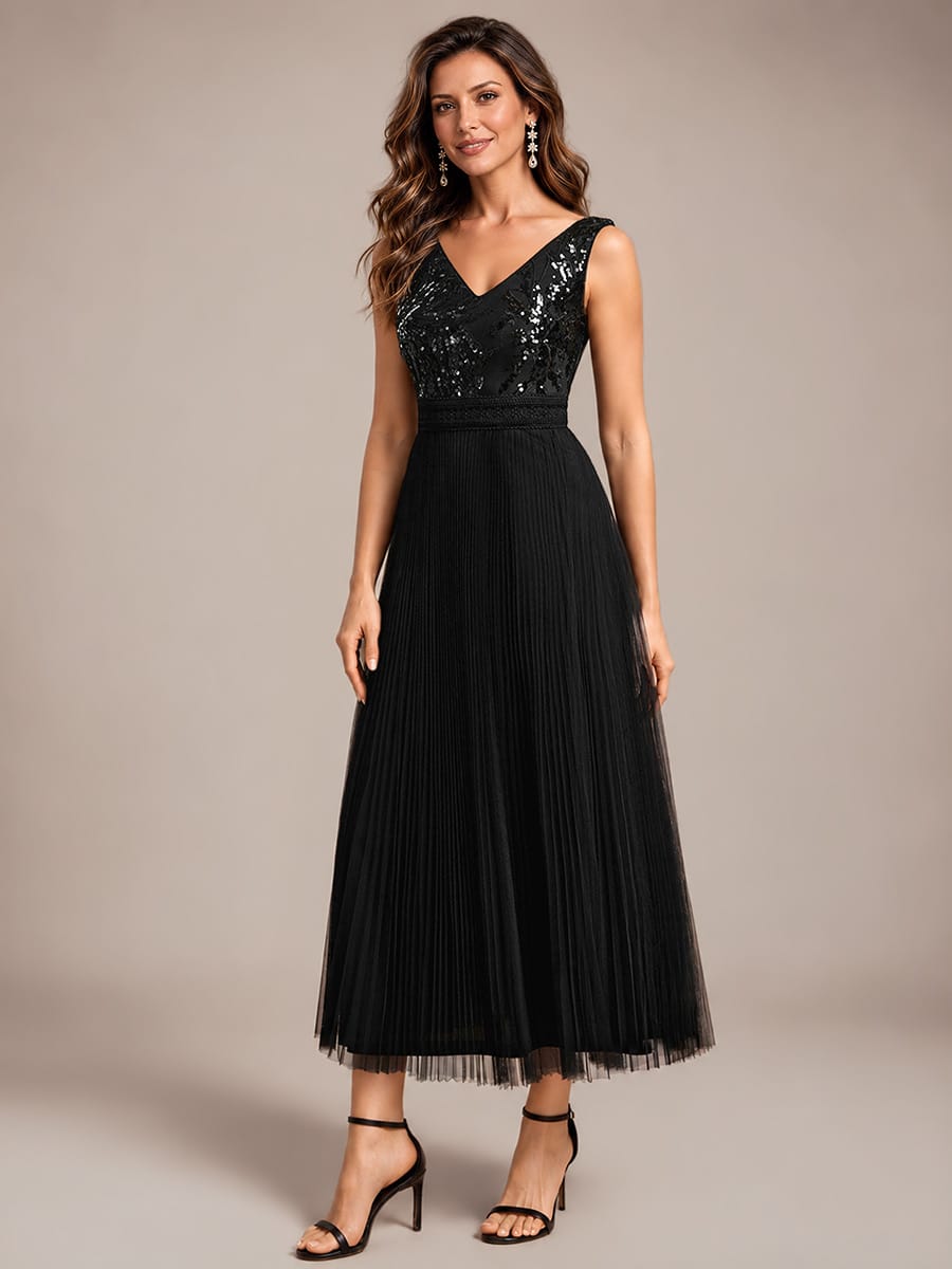 Sequin Tulle Sleeveless Dress #color_Black
