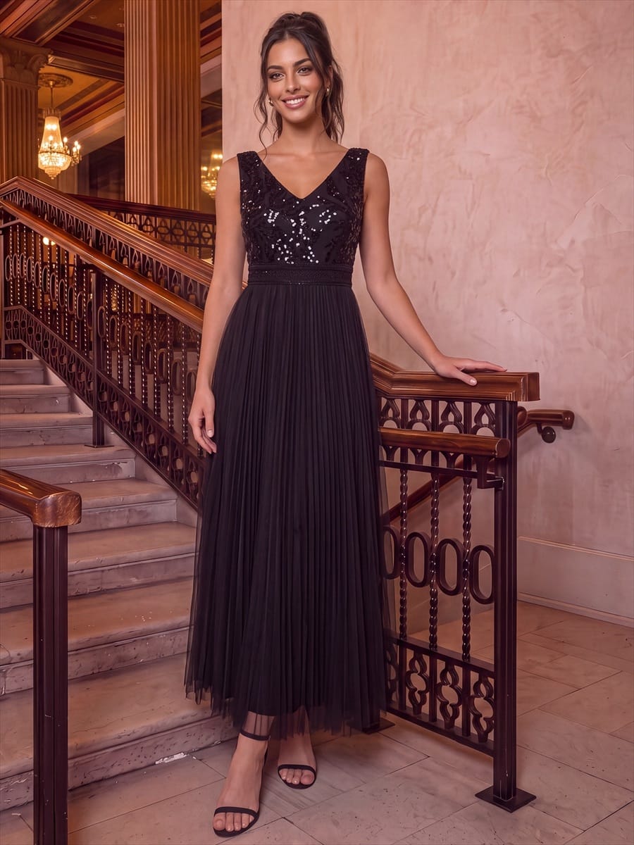 Sequin Tulle Sleeveless Dress #color_Black