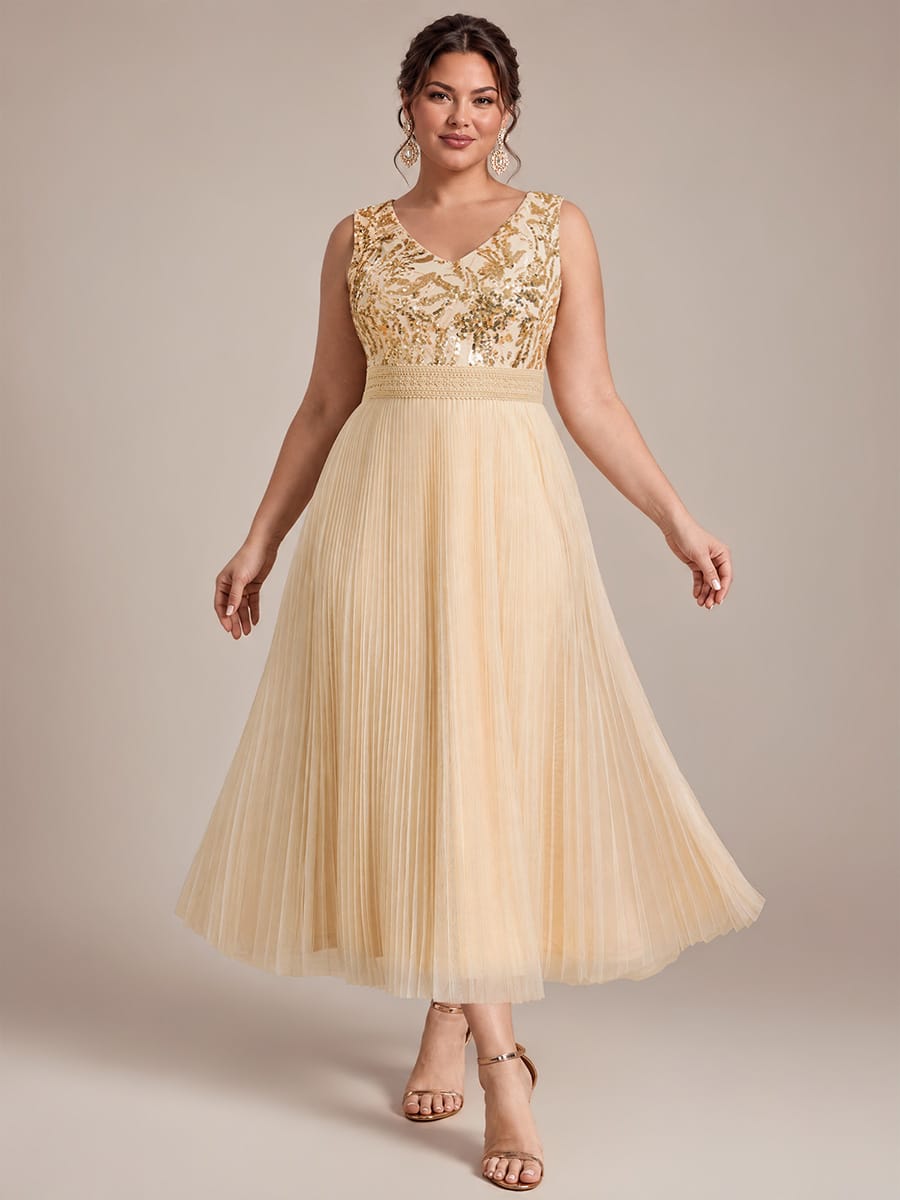 Sequin Tulle Sleeveless Dress #color_Gold