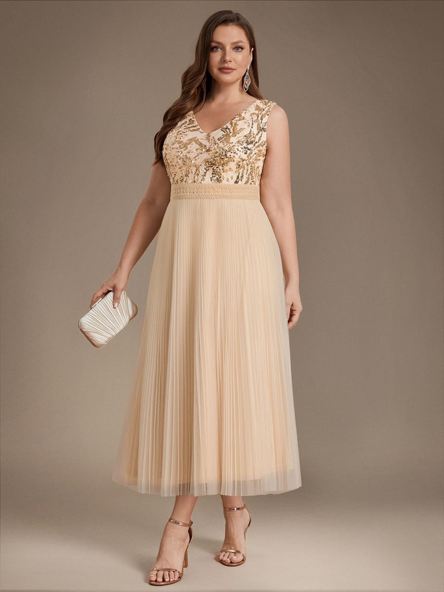 Sequin Tulle Sleeveless Dress #color_Gold