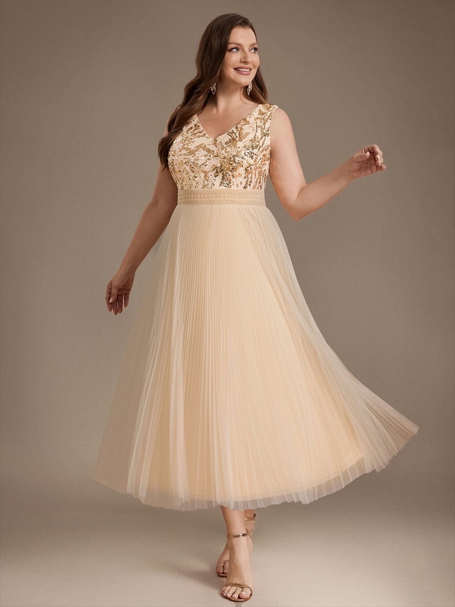 Sequin Tulle Sleeveless Dress #color_Gold