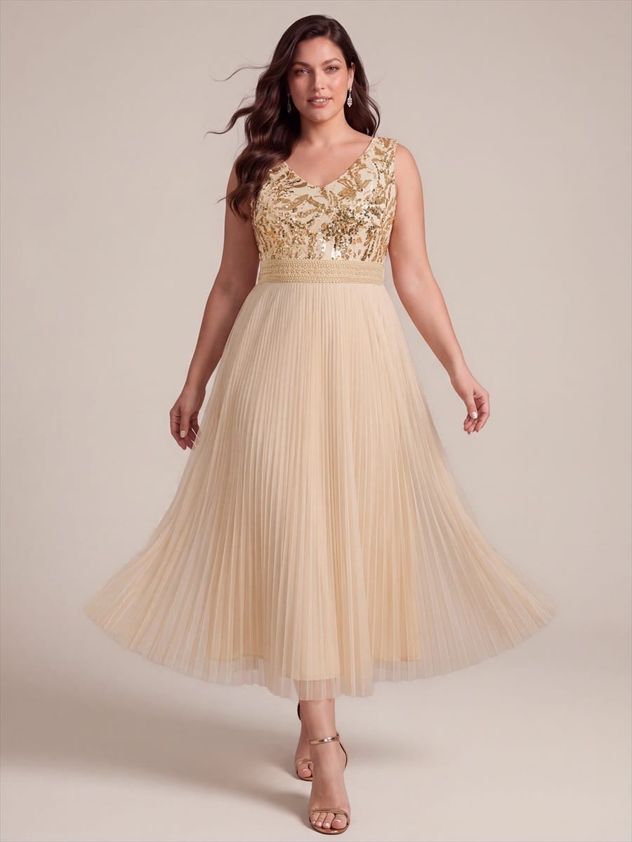 Sequin Tulle Sleeveless Dress #color_Gold