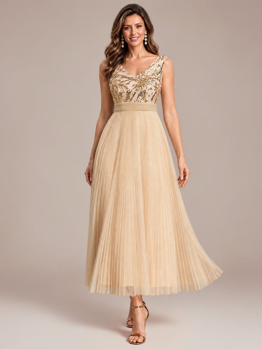 Sequin Tulle Sleeveless Dress #color_Gold