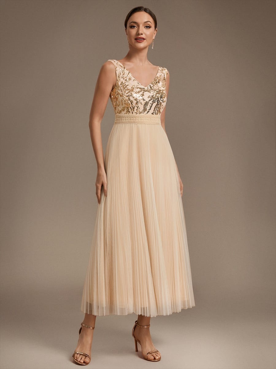 Sequin Tulle Sleeveless Dress #color_Gold