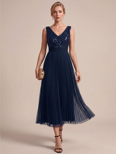 Tulle Sequin V-Neck Maxi Dress with Lace Trim