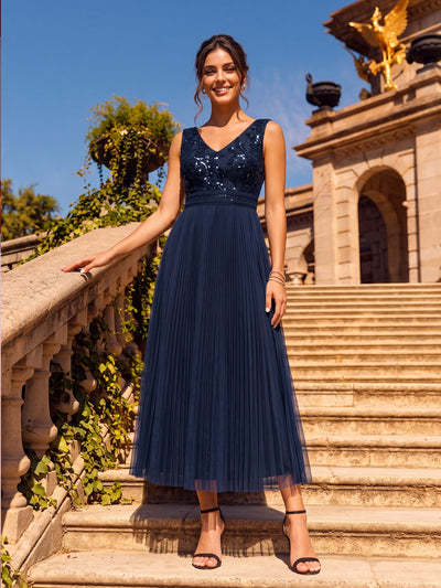 Sequin Tulle Sleeveless Dress #color_Navy Blue
