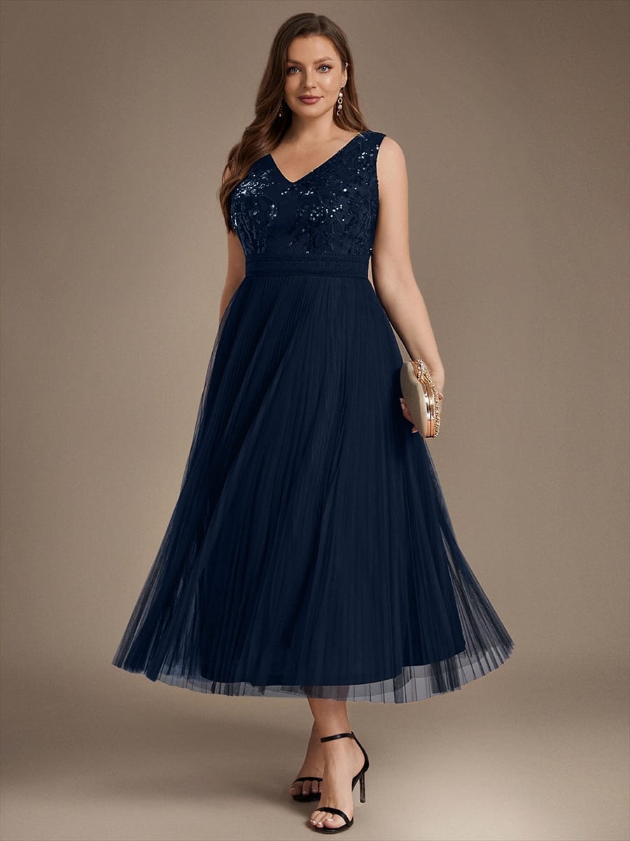 Sequin Tulle Sleeveless Dress #color_Navy Blue