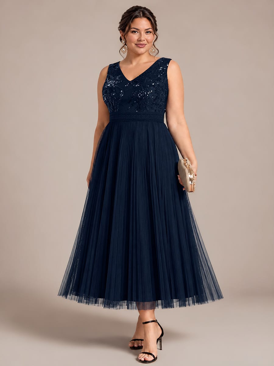 Sequin Tulle Sleeveless Dress #color_Navy Blue