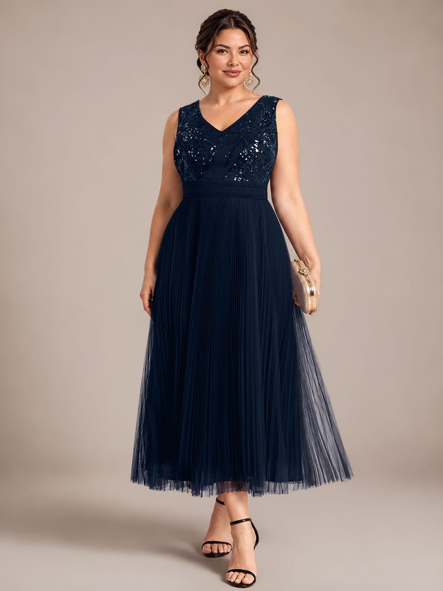 Sequin Tulle Sleeveless Dress #color_Navy Blue