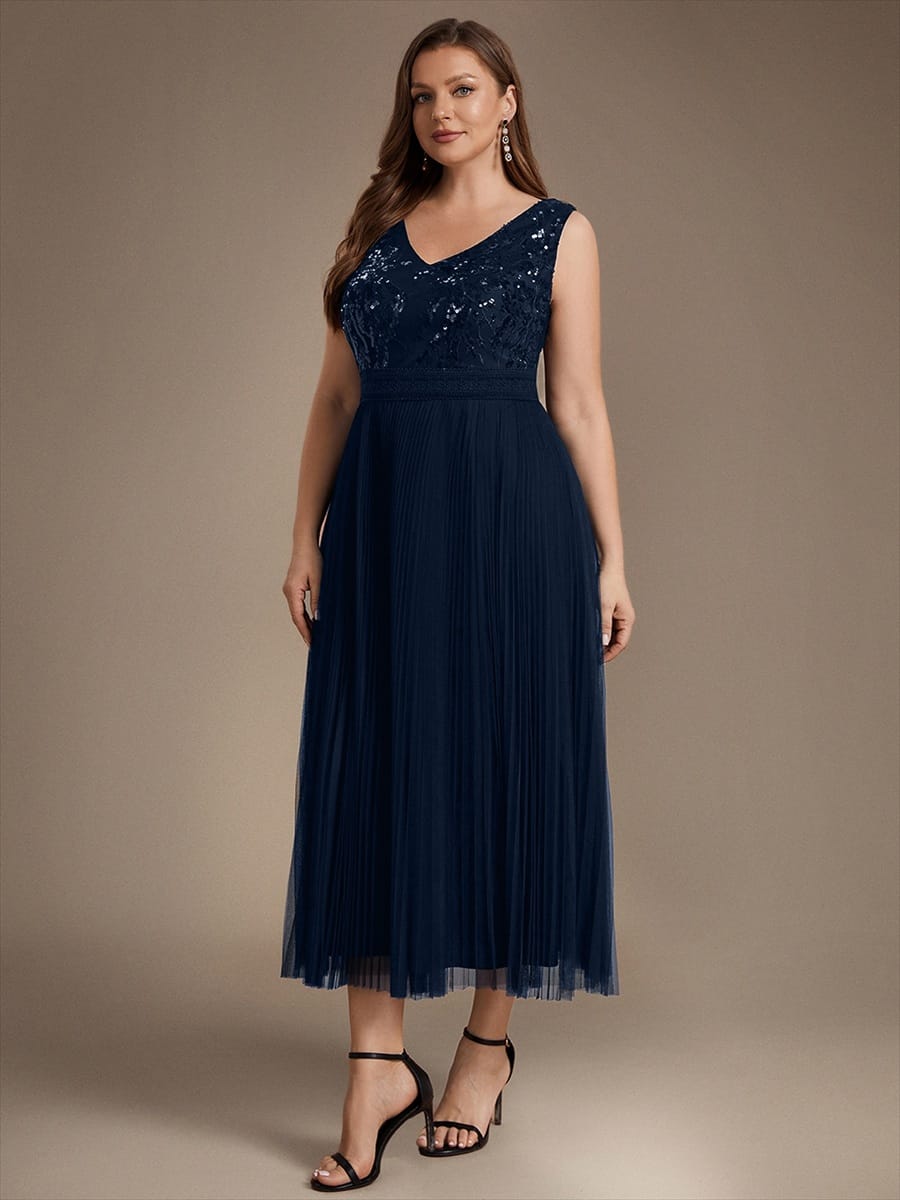 Sequin Tulle Sleeveless Dress #color_Navy Blue